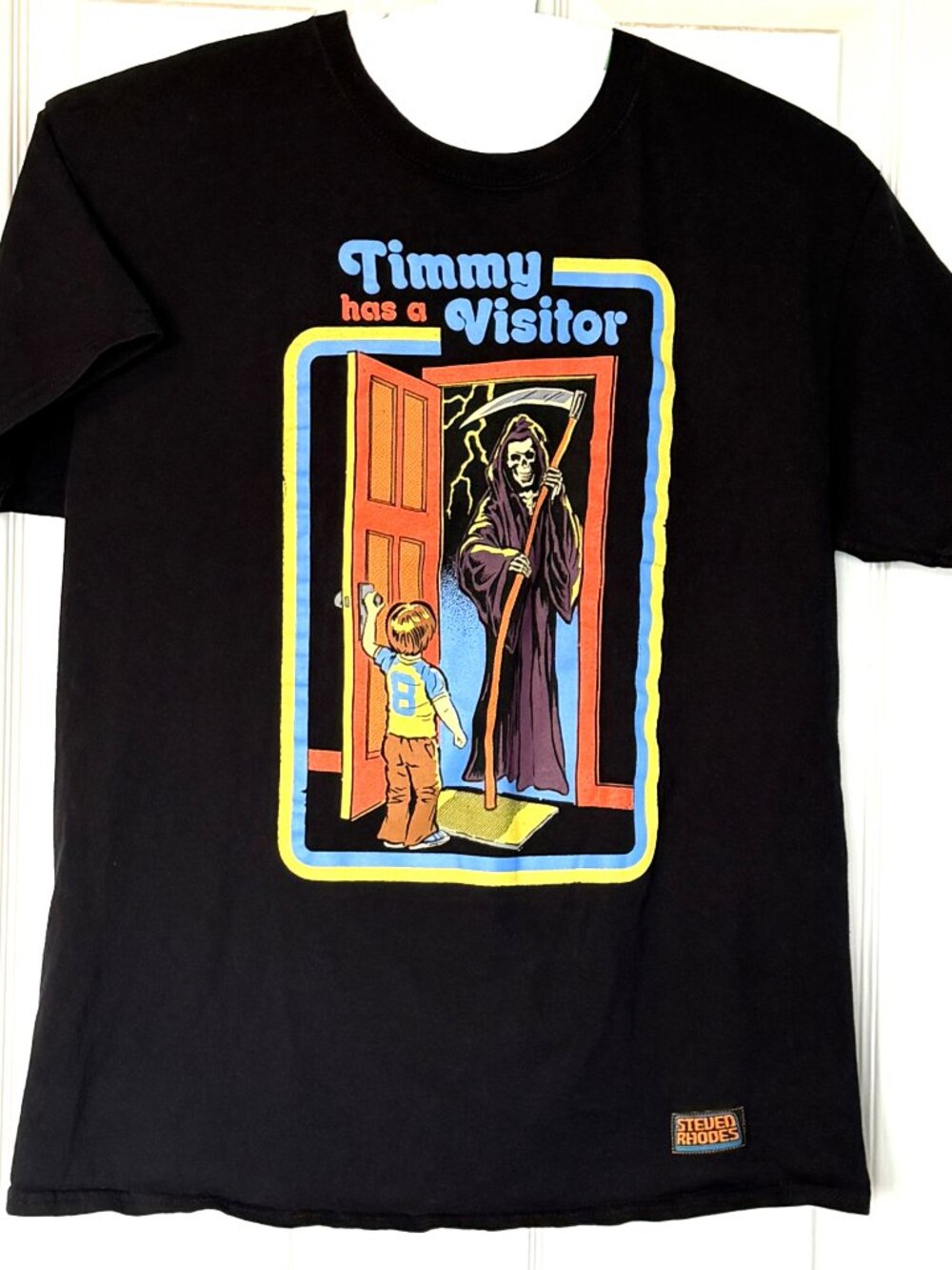 Steven Rhodes "Timmy Has a Visitor" Grim Reaper Graphic T-Shirt | Men’s L